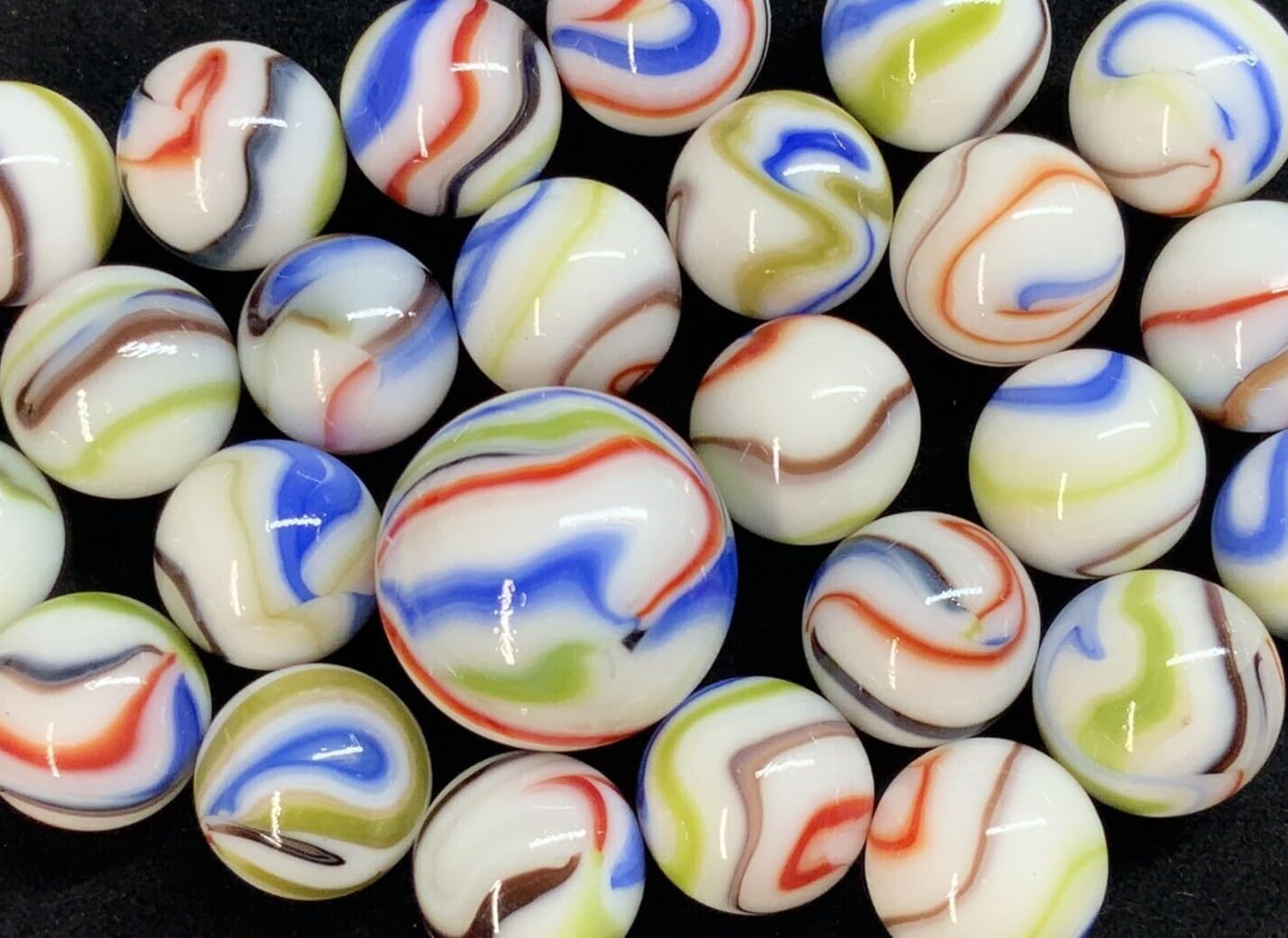 25 Glass Marbles TREE FROG White Red Blue Green Brown Game Pack Shooter Swirl