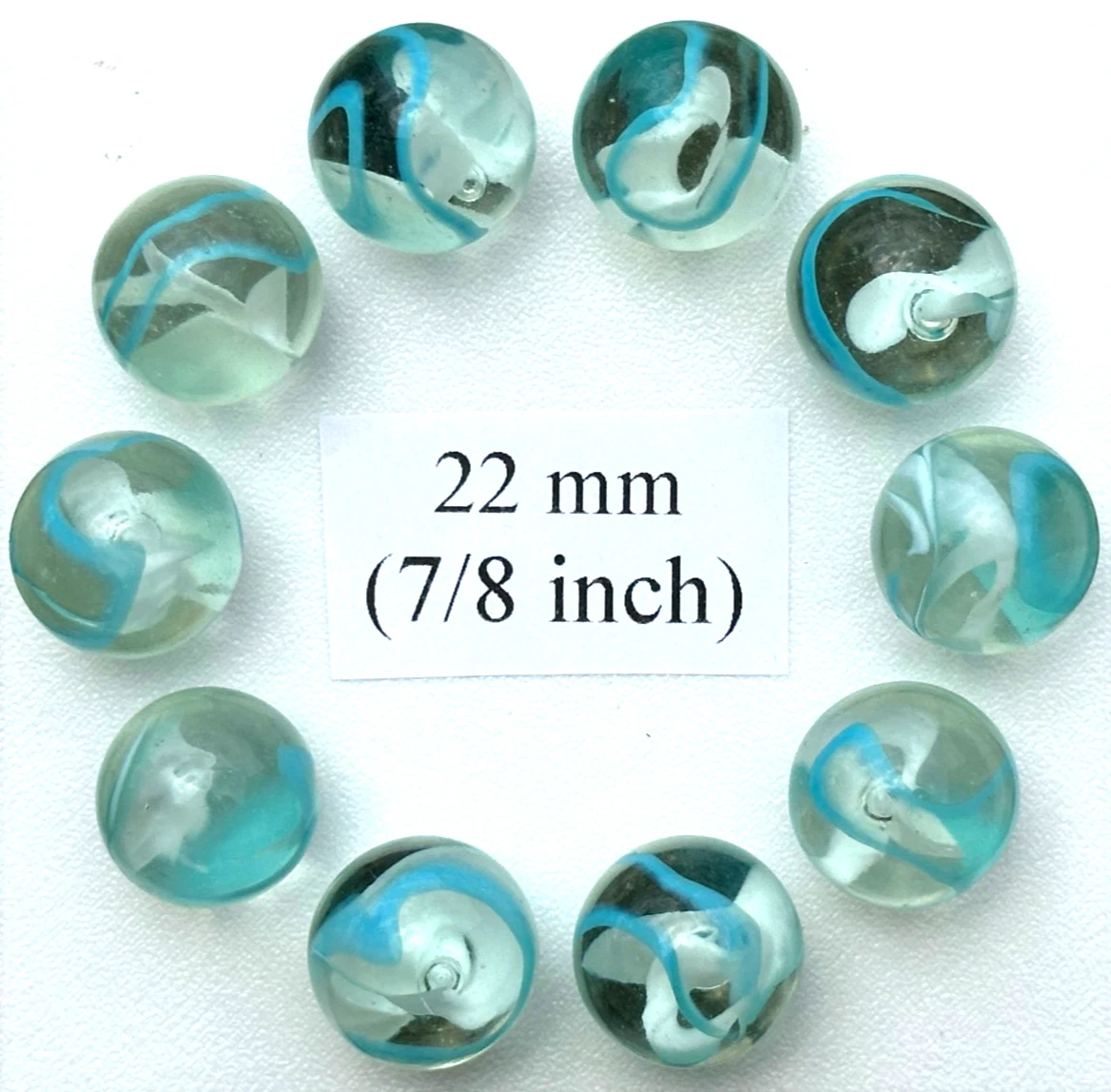 (Lot of 10)ARCTIC Clear Blue Swirl Glass Marbles 22mm (7/8 inch) SHOOTER Taw Lot