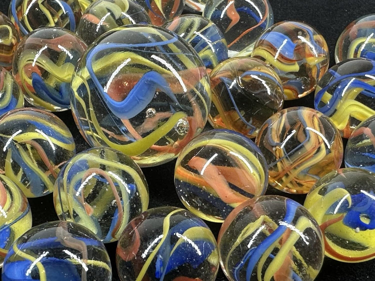 25 Glass Marbles ATOM Red/Yellow/Blue Streamer Fiesta game Shooter