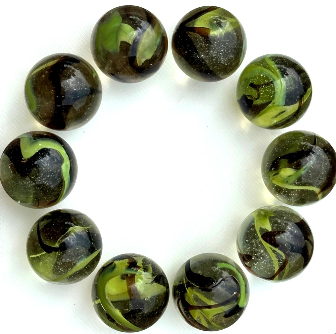 Lot of 10 COMMANDO Clear/Green/Brown Glass Marbles 25mm (1 inch) SHOOTER Taw
