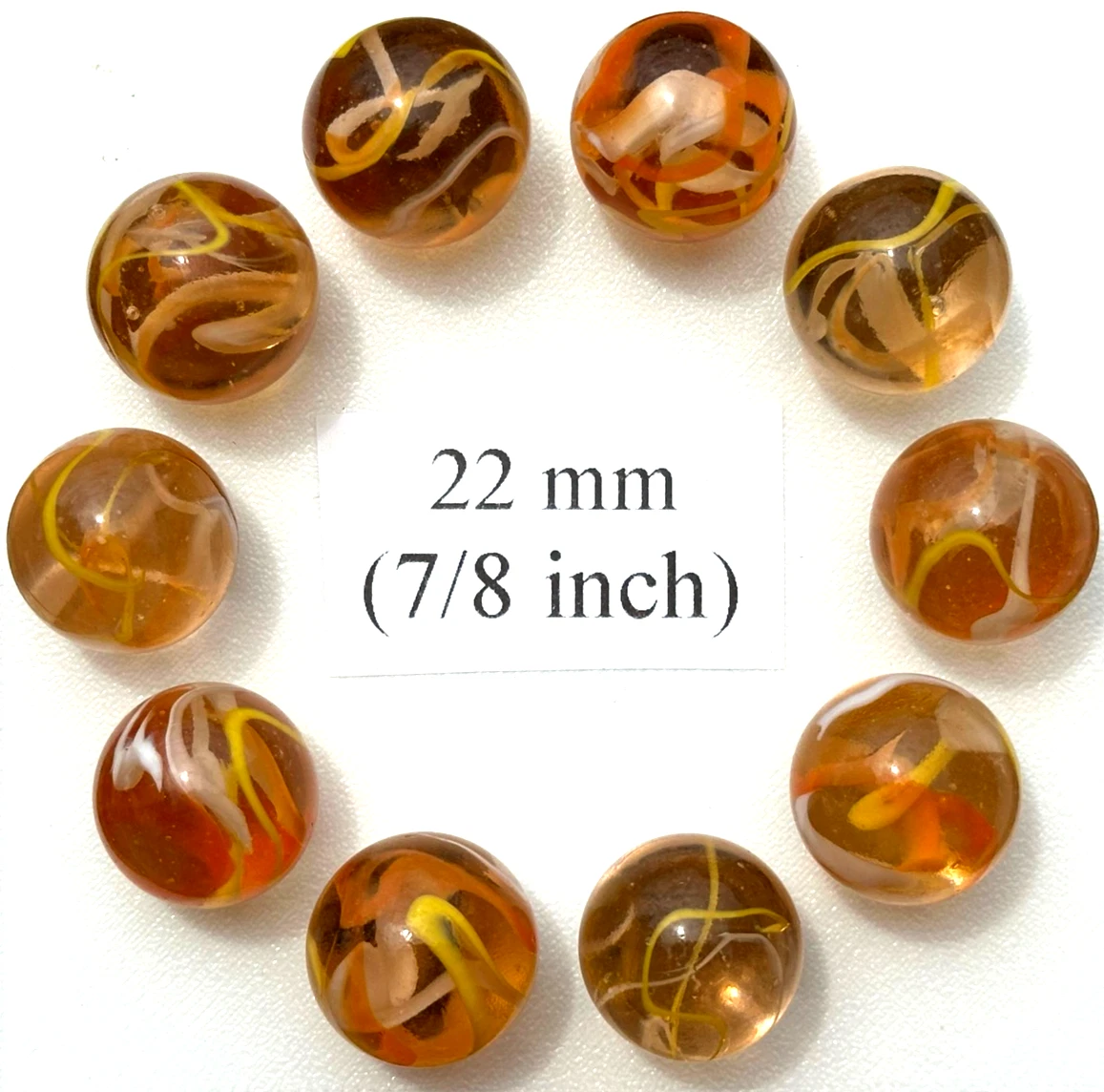 (Lot of 10) FIREFLY Clear Orange/Yellow Swirl Glass Marbles 22mm (7/8 inch) SHOOTER Taw Lot