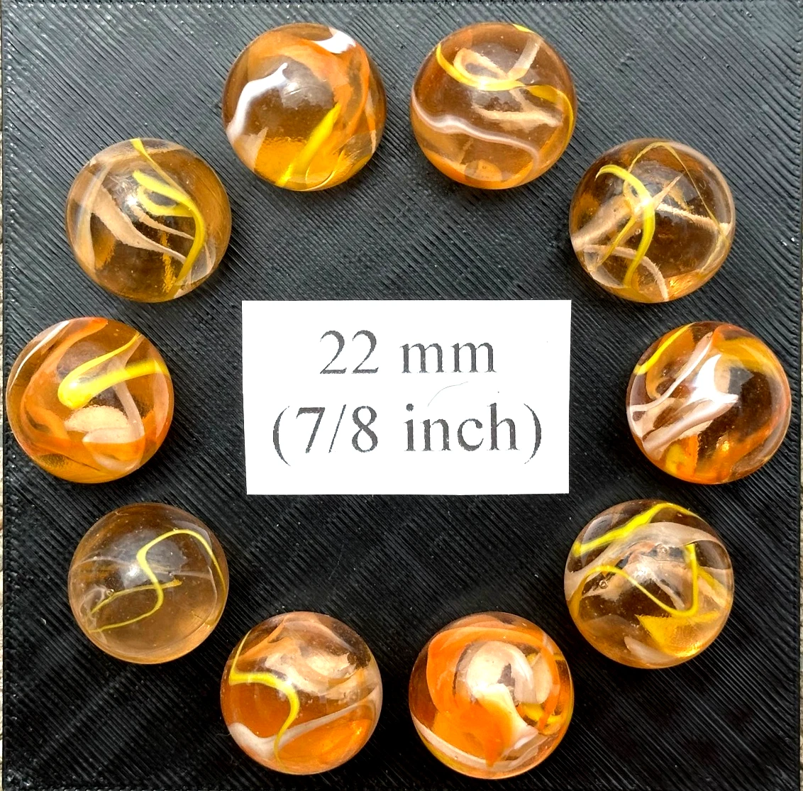 (Lot of 10) FIREFLY Clear Orange/Yellow Swirl Glass Marbles 22mm (7/8 inch) SHOOTER Taw Lot