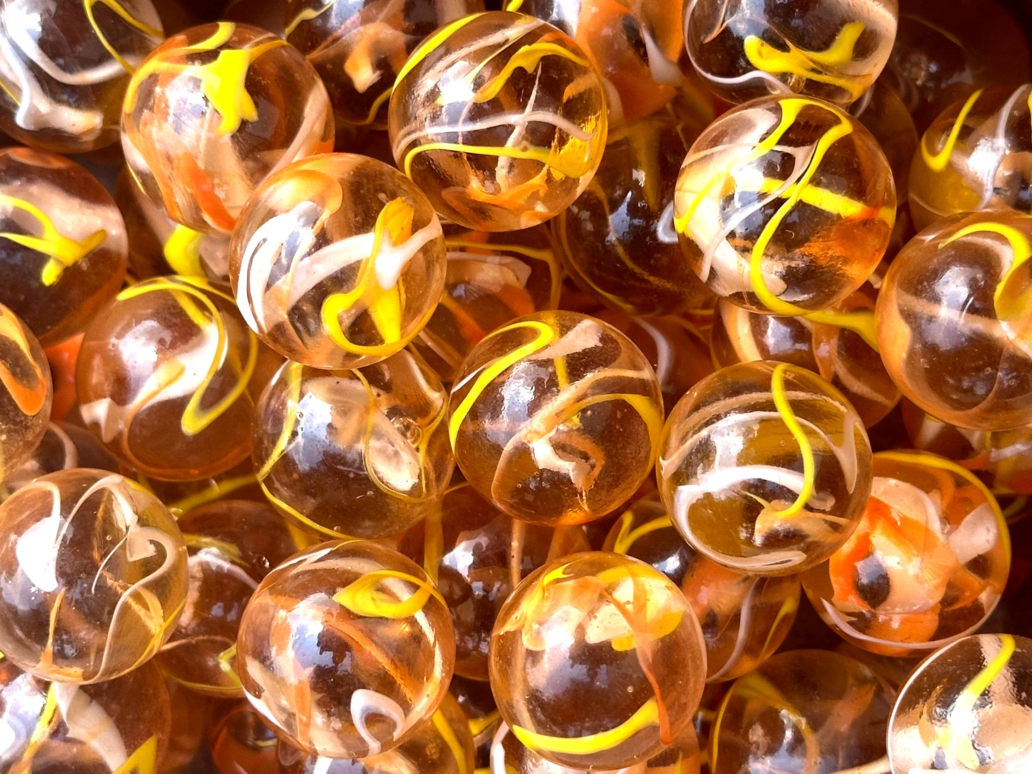 (Lot of 10) FIREFLY Clear Orange/Yellow Swirl Glass Marbles 22mm (7/8 inch) SHOOTER Taw Lot