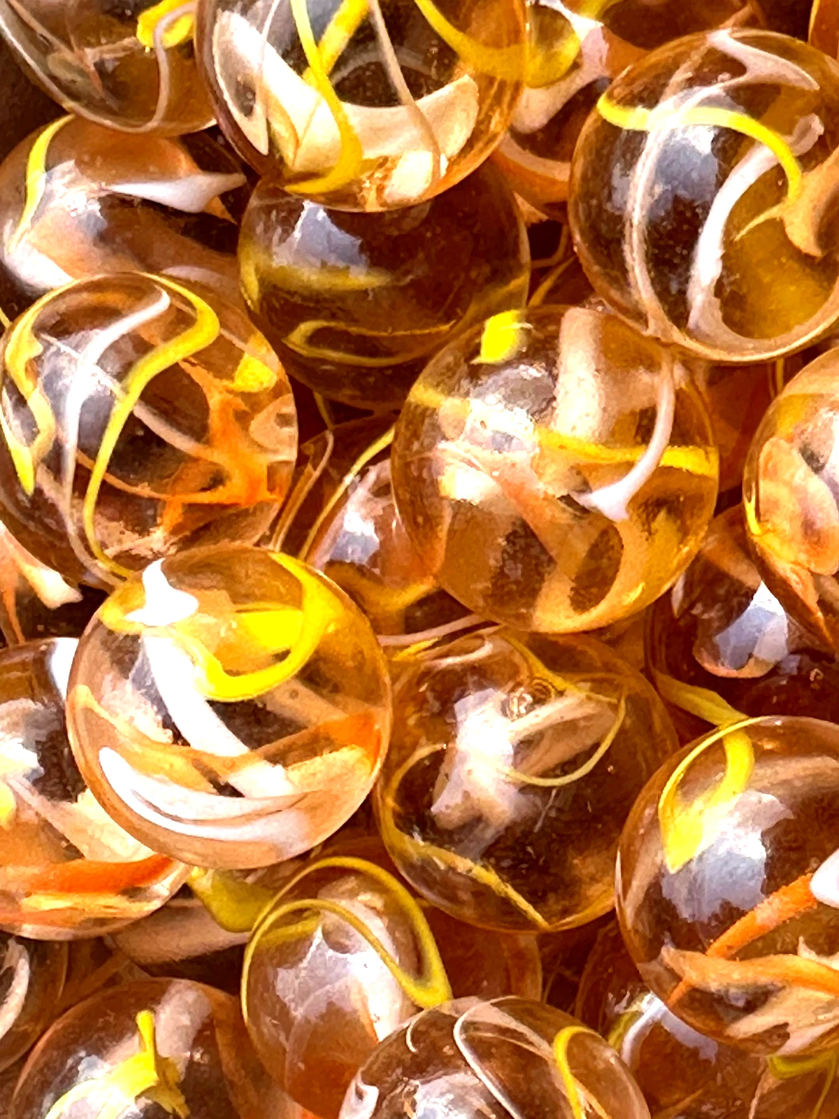 (Lot of 10) FIREFLY Clear Orange/Yellow Swirl Glass Marbles 22mm (7/8 inch) SHOOTER Taw Lot