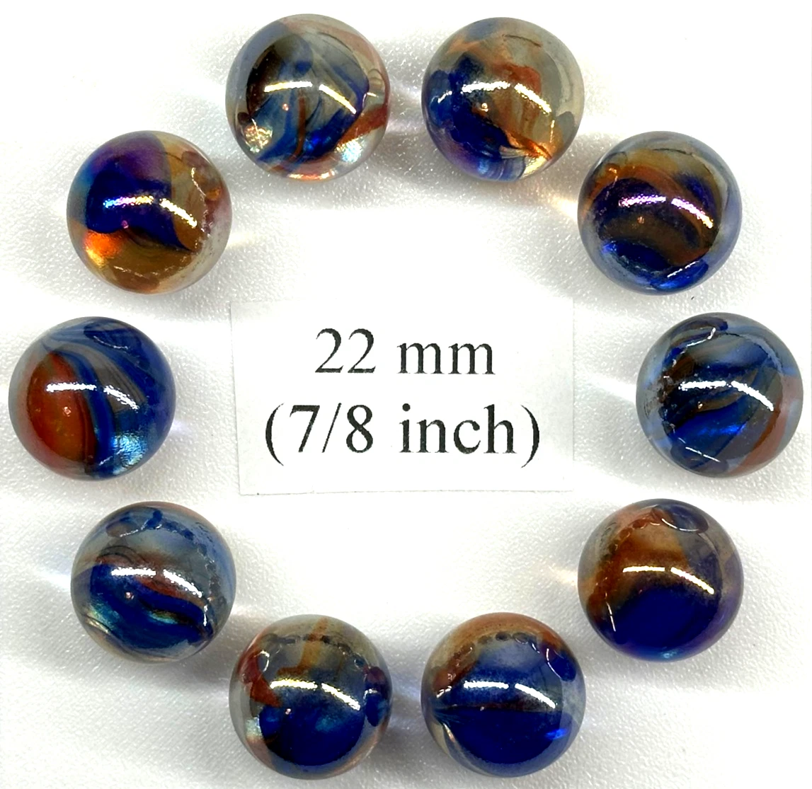 (Lot of 10)FUN FAIR Red/Blue Cats Eye Iridescent Glass Marbles 22mm (7/8 inch) SHOOTER Taw Lot