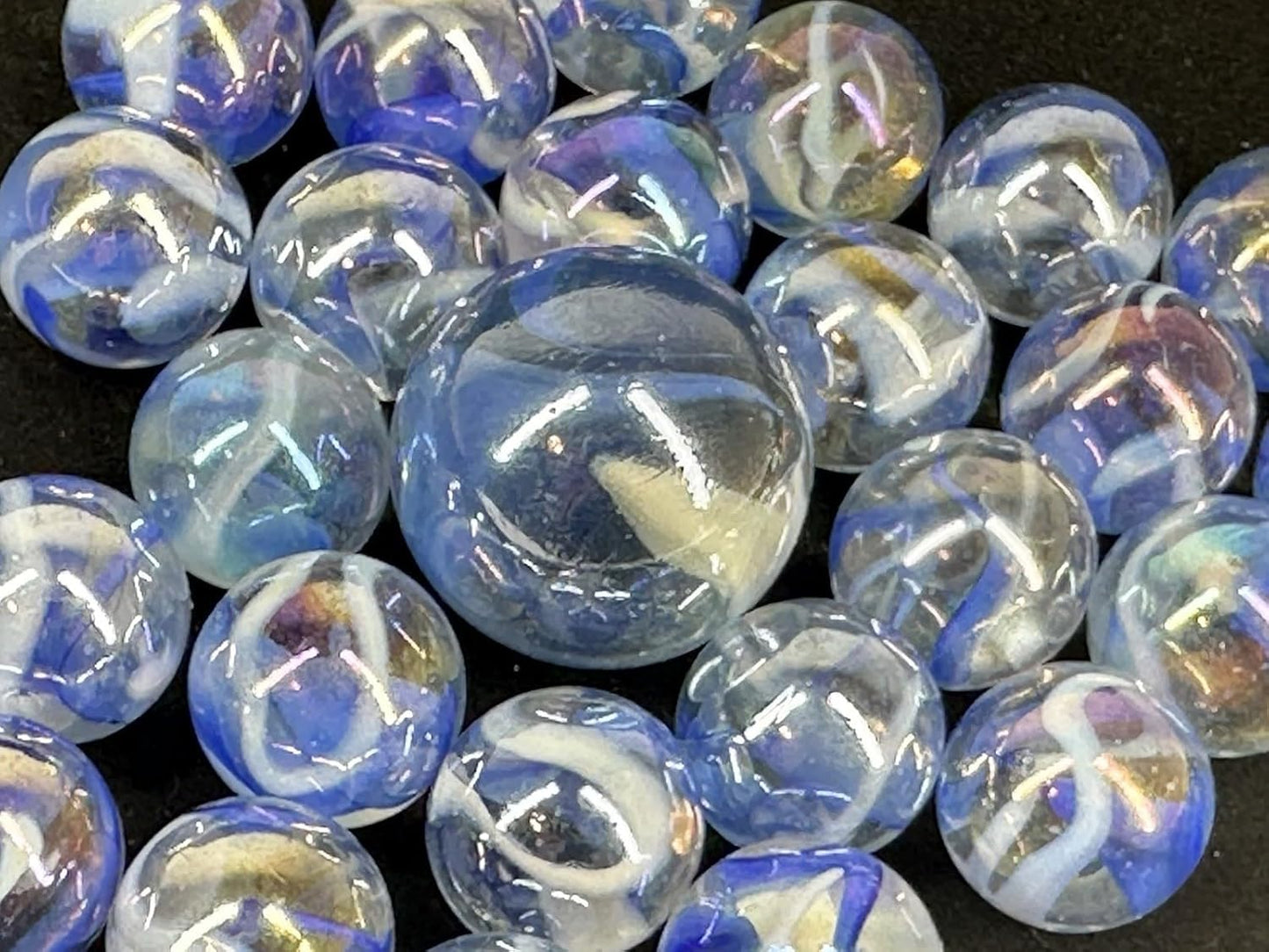 25 Glass Marbles GREAT WHITE SHARK Clear/Blue Game Pack Shooter
