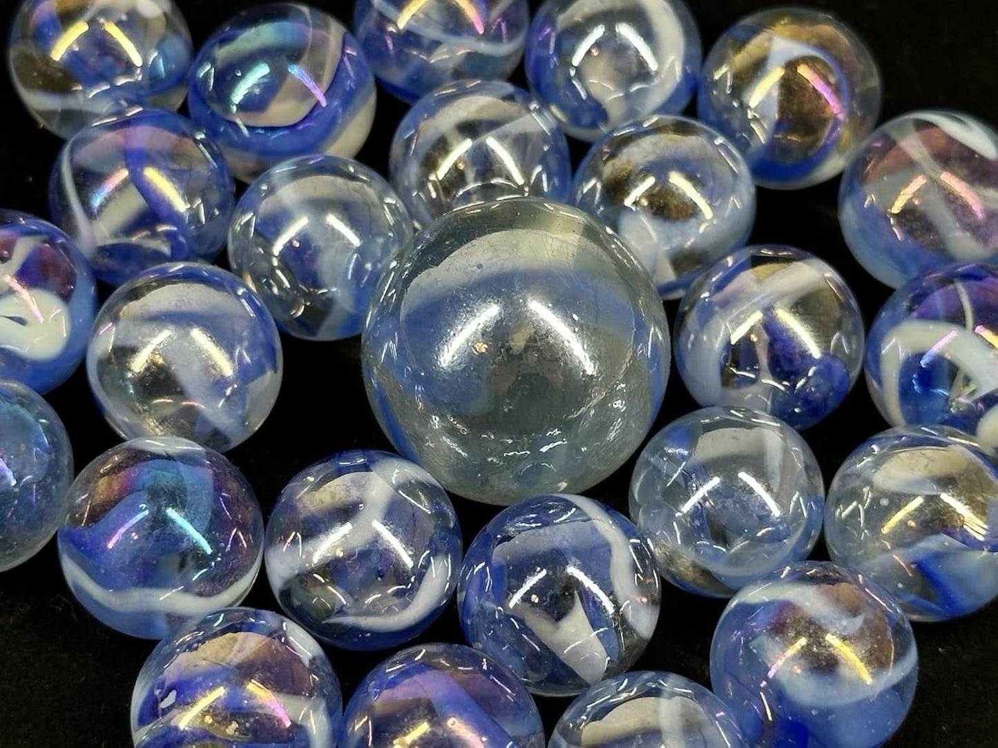 25 Glass Marbles GREAT WHITE SHARK Clear/Blue Game Pack Shooter