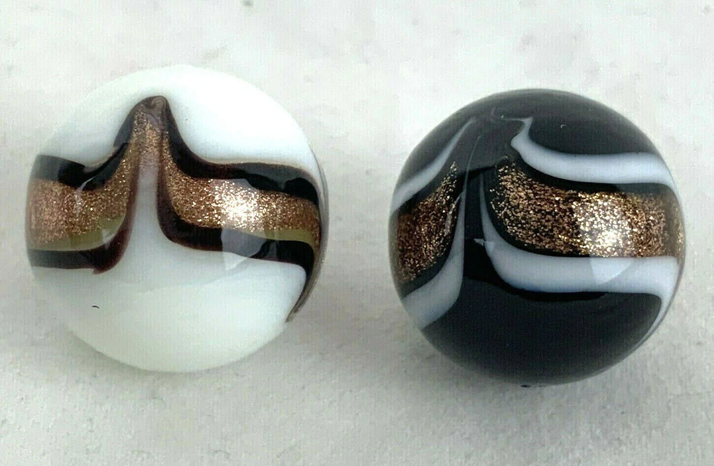 2 INSIGNIA 16mm Handmade Art Glass Black Banded Gold/Copper Lutz White Marbles
