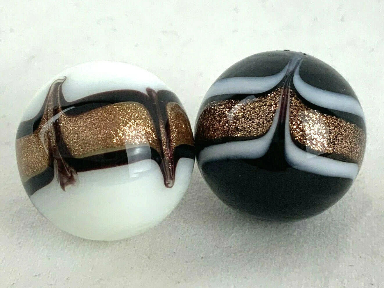 2 INSIGNIA 16mm Handmade Art Glass Black Banded Gold/Copper Lutz White Marbles
