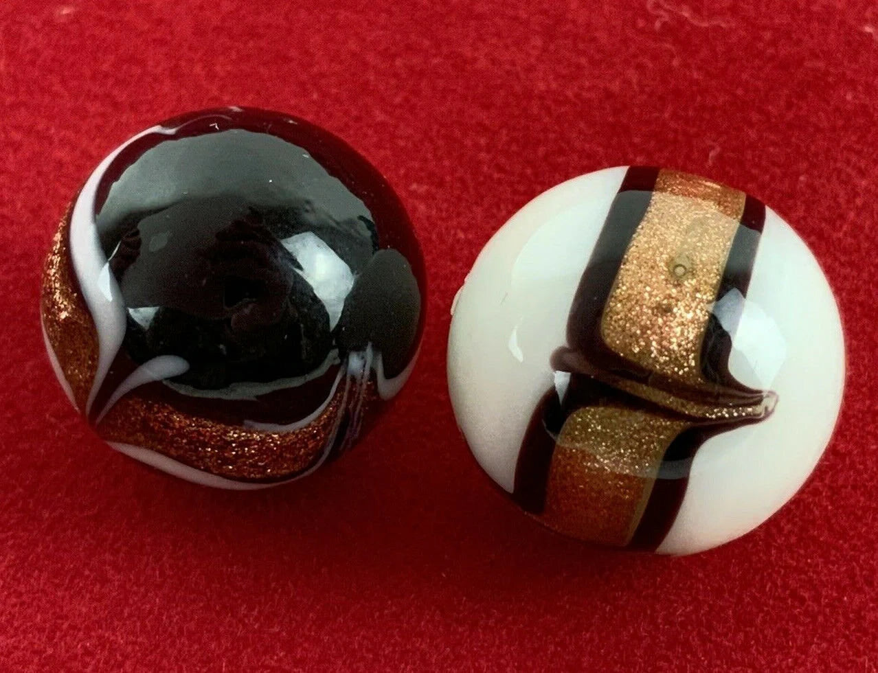 2 INSIGNIA 16mm Handmade Art Glass Black Banded Gold/Copper Lutz White Marbles