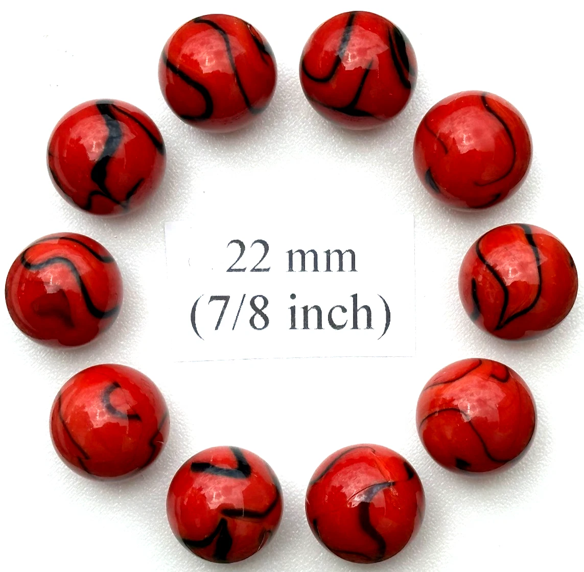 (Lot of 10) LADY BUG Red/Black Swirl Glass Marbles 22mm (7/8 inch) SHOOTER Taw Lot