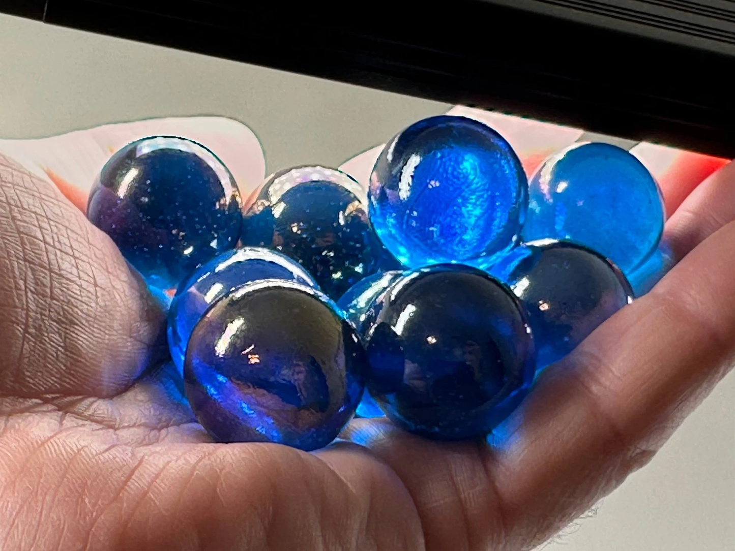 (Lot of 10) LUSTER BLUE Clear/Blue Iridescent Glass Marbles 22mm (7/8 inch) SHOOTER Taw Lot (Copy)