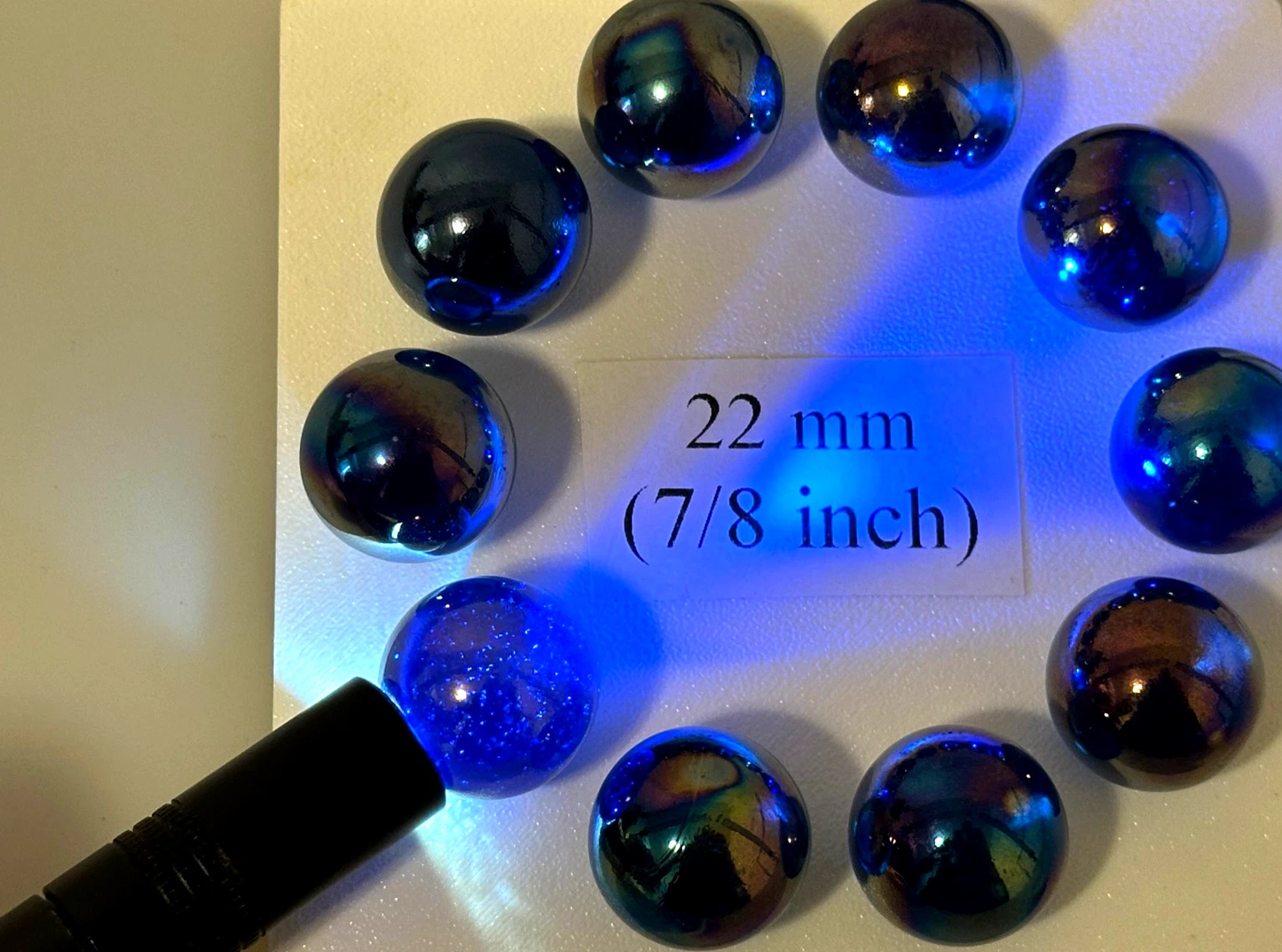 (Lot of 10) LUSTER BLUE Clear/Blue Iridescent Glass Marbles 22mm (7/8 inch) SHOOTER Taw Lot (Copy)