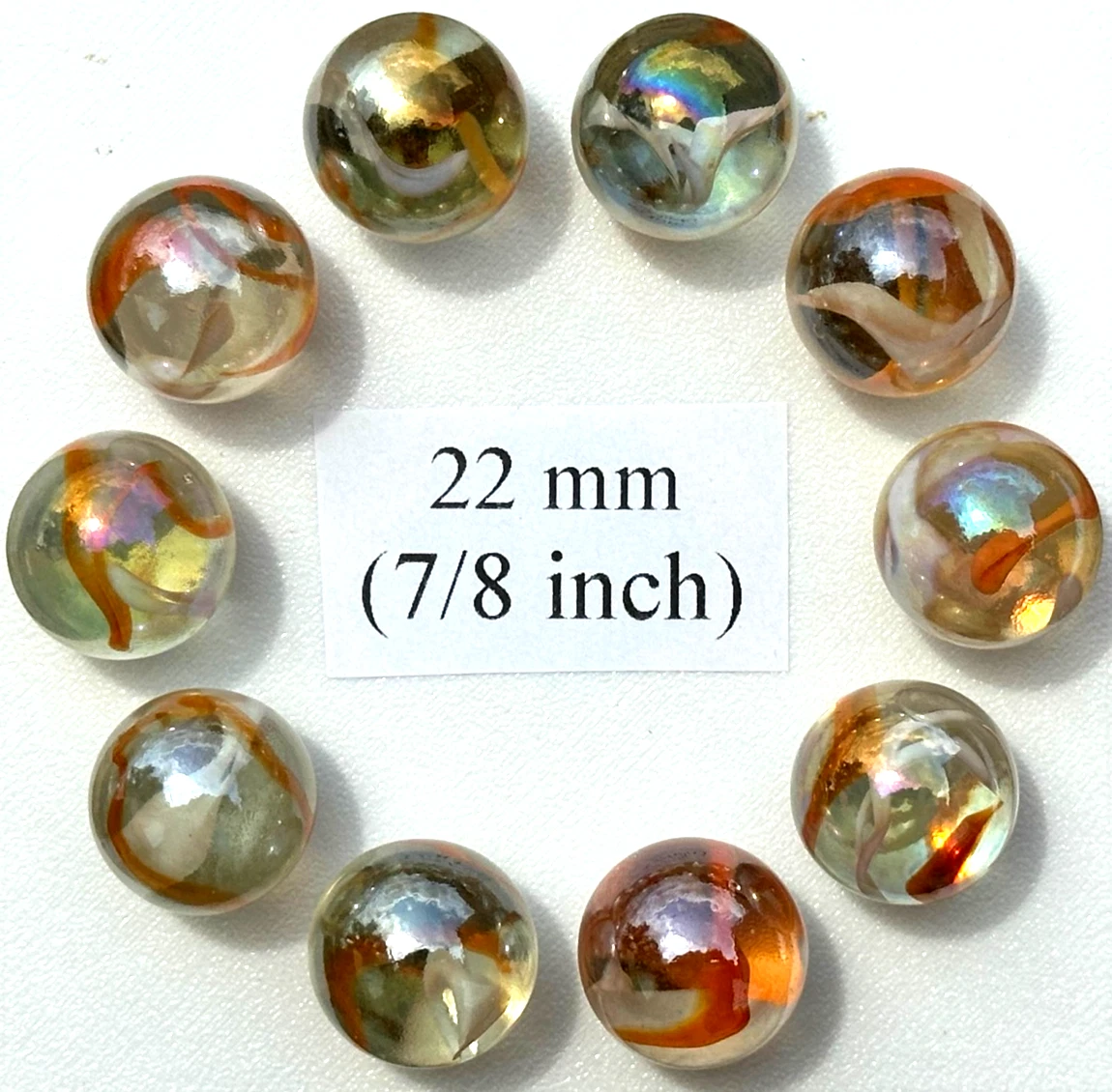 (Lot of 10) MANGO TWIST Clear Orange/White Swirl Glass Marbles 22mm (7/8 inch) SHOOTER Taw Lot