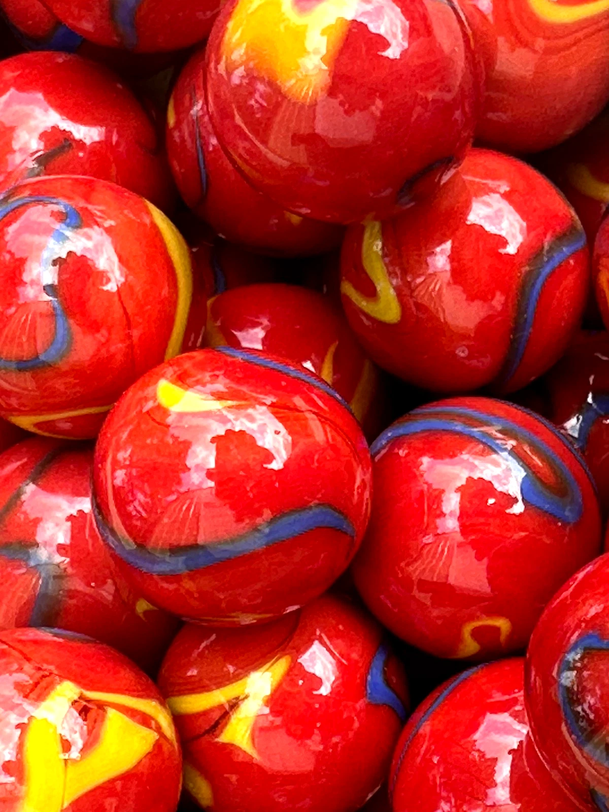 (Lot of 10) ODIN Red/Blue/Yellow Swirl Glass Marbles 22mm (7/8 inch) SHOOTER Taw Lot