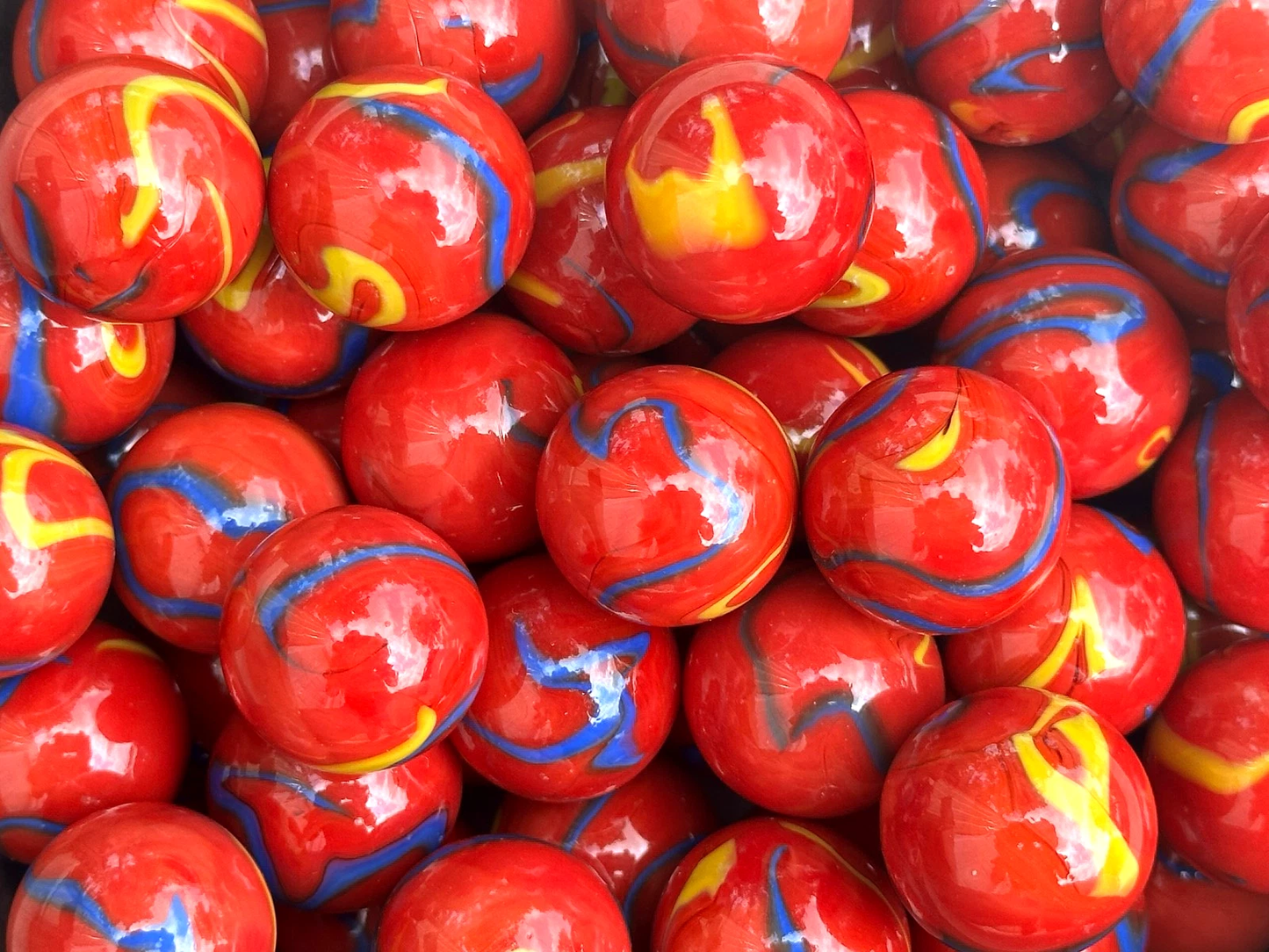 (Lot of 10) ODIN Red/Blue/Yellow Swirl Glass Marbles 22mm (7/8 inch) SHOOTER Taw Lot