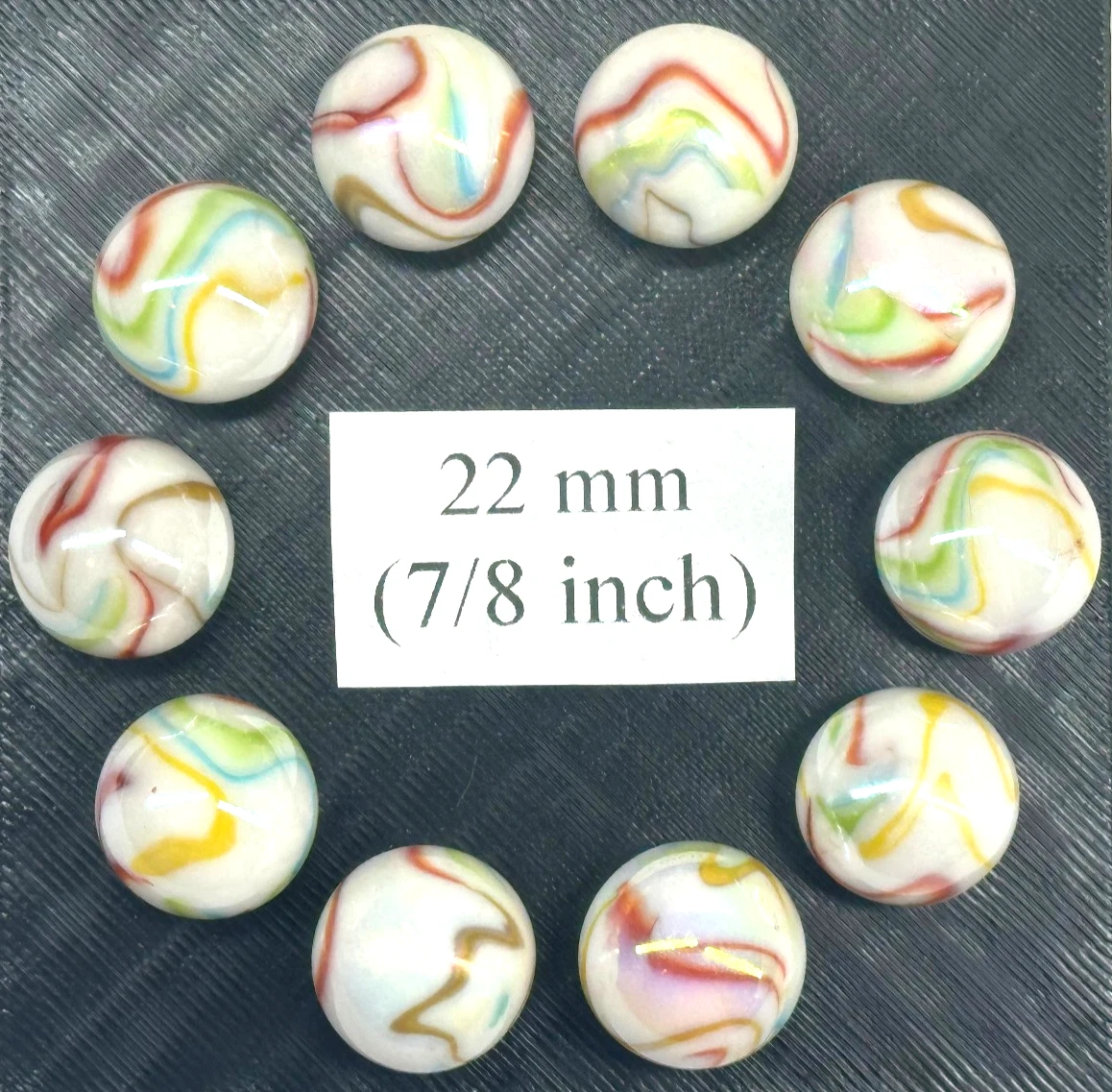 (Lot of 10) PANAMERICAN White/Red/Green/Blue/Yellow Iridescent Glass Marbles 22mm (7/8 inch) SHOOTER Taw Lot