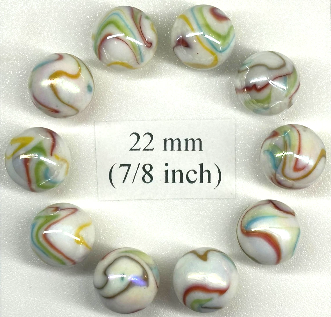 (Lot of 10) PANAMERICAN White/Red/Green/Blue/Yellow Iridescent Glass Marbles 22mm (7/8 inch) SHOOTER Taw Lot