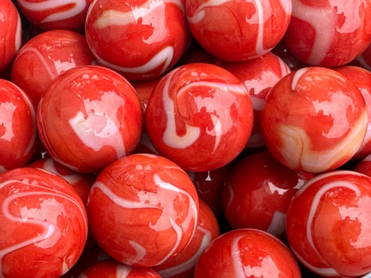 (Lot of 5) RED BEARD Red/White Swirl Glass Marbles 22mm (7/8 inch) SHOOTER Taw Lot