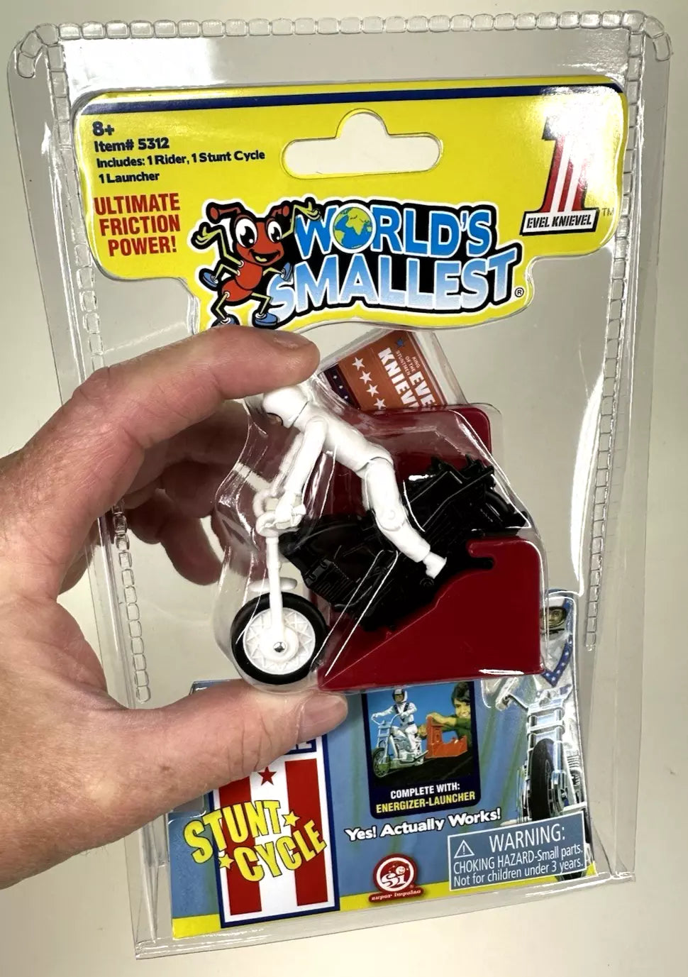 WORLDS SMALLEST Evel Knievel Stunt Cycle Toy- Energizer Launcher-Trail Bike