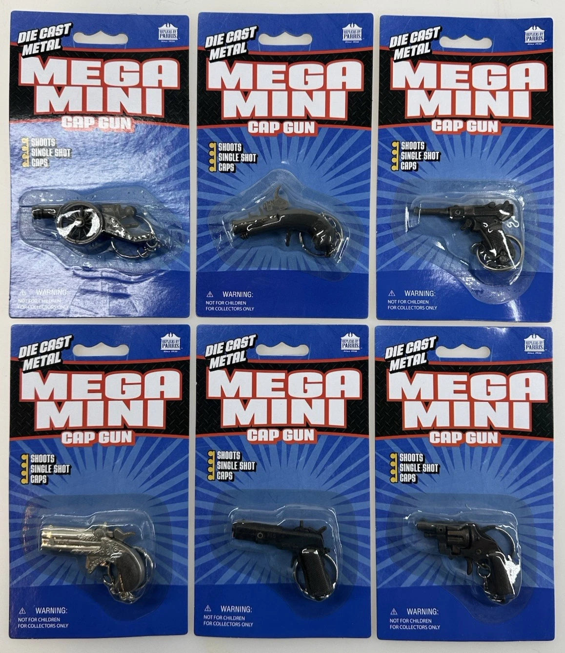(lot of 6) MEGA MINI Cap Gun KeyChain Derringer,luger 9mm, 1911 Colt 45 Die-cast