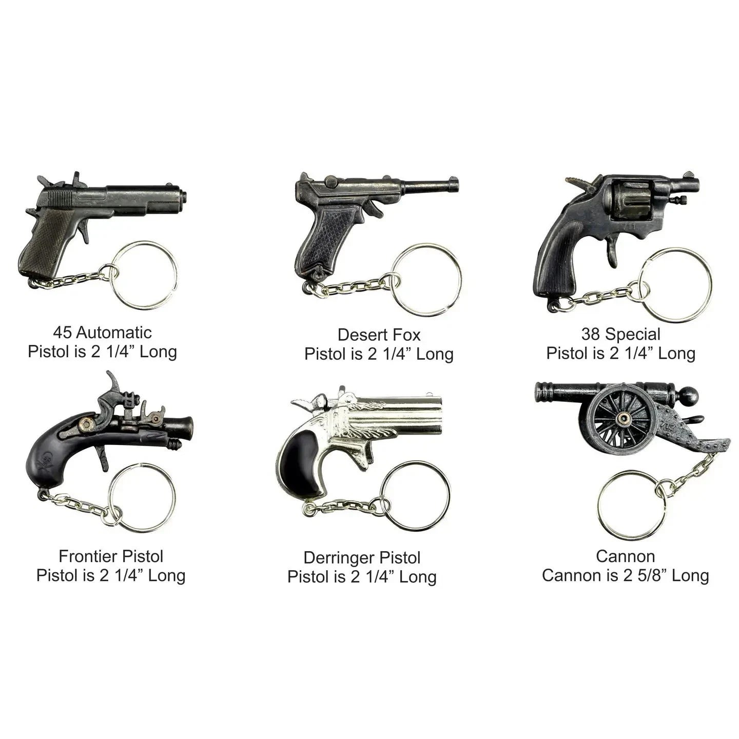 (lot of 6) MEGA MINI Cap Gun KeyChain Derringer,luger 9mm, 1911 Colt 45 Die-cast