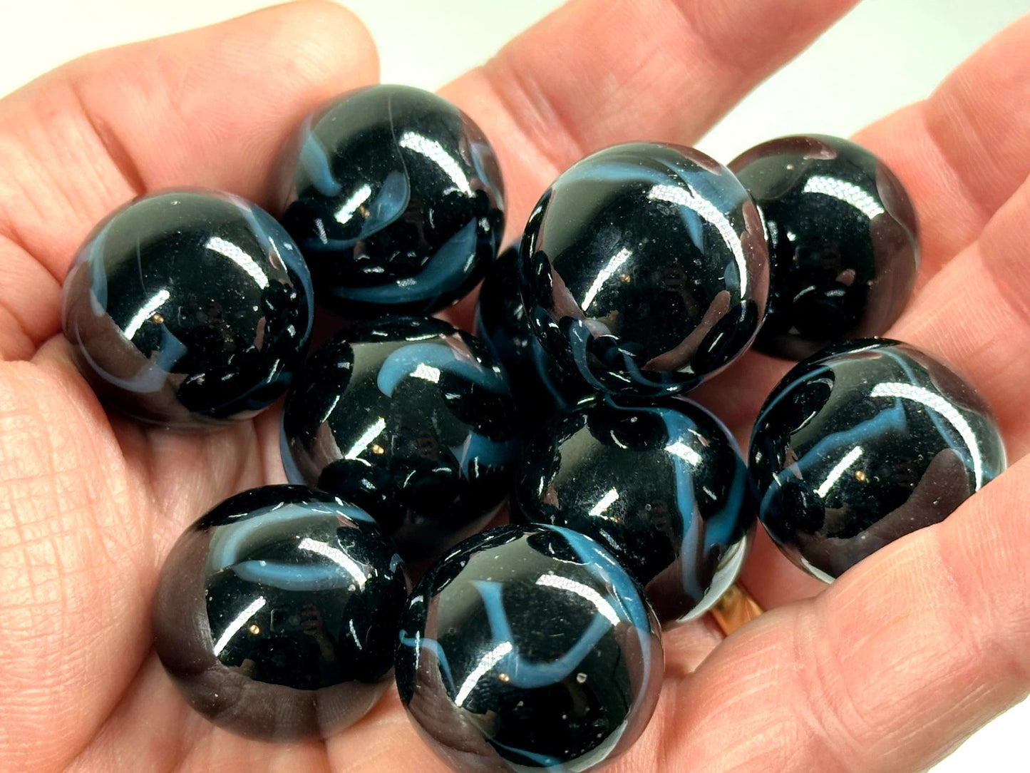 (Lot of 5) SAMURAI Black/Blue Swirl Glass Marbles 22mm (7/8 inch) SHOOTER Taw Lot