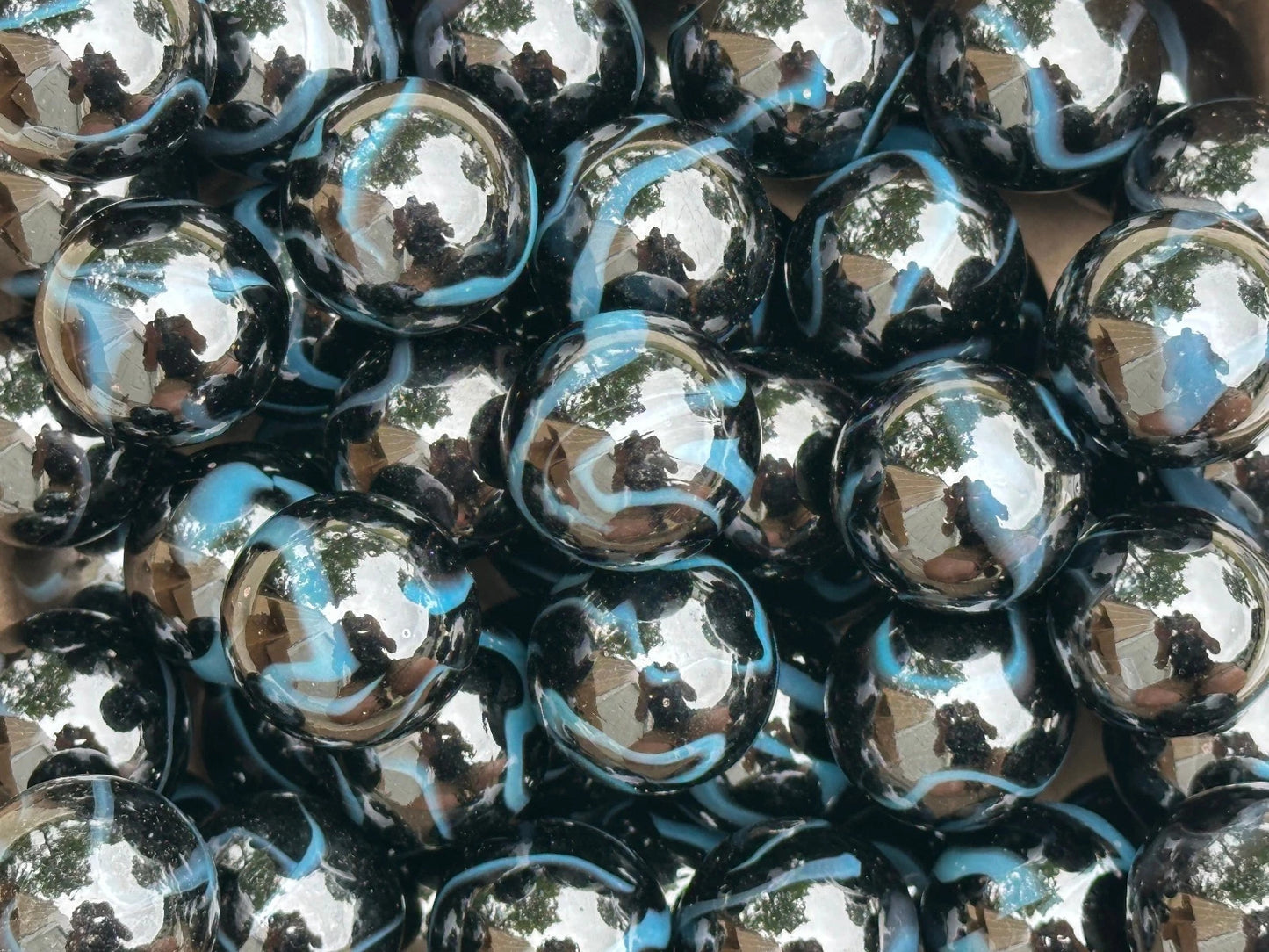 (Lot of 5) SAMURAI Black/Blue Swirl Glass Marbles 22mm (7/8 inch) SHOOTER Taw Lot