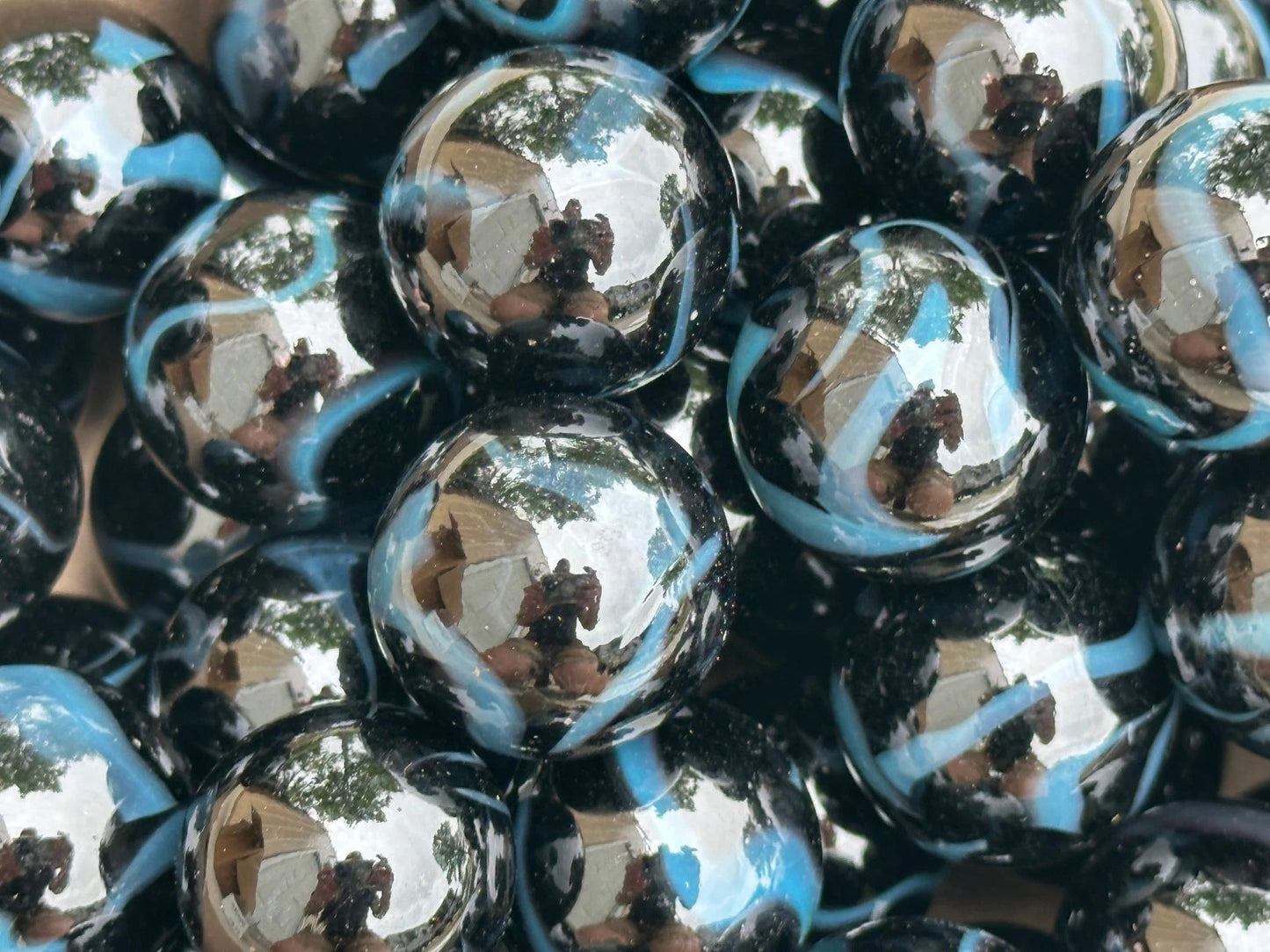 (Lot of 5) SAMURAI Black/Blue Swirl Glass Marbles 22mm (7/8 inch) SHOOTER Taw Lot