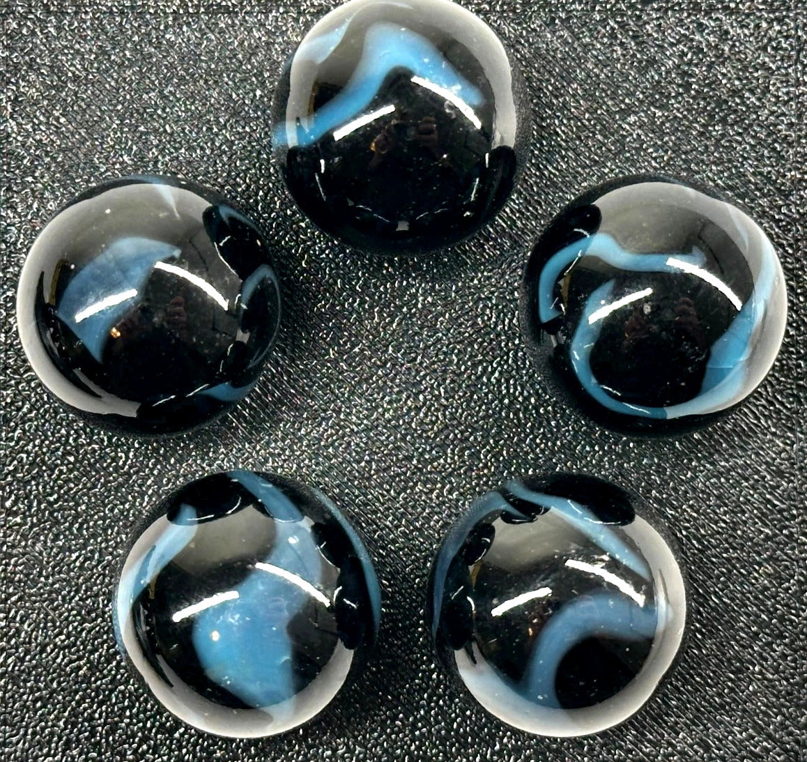 (Lot of 5) SAMURAI Black/Blue Swirl Glass Marbles 22mm (7/8 inch) SHOOTER Taw Lot