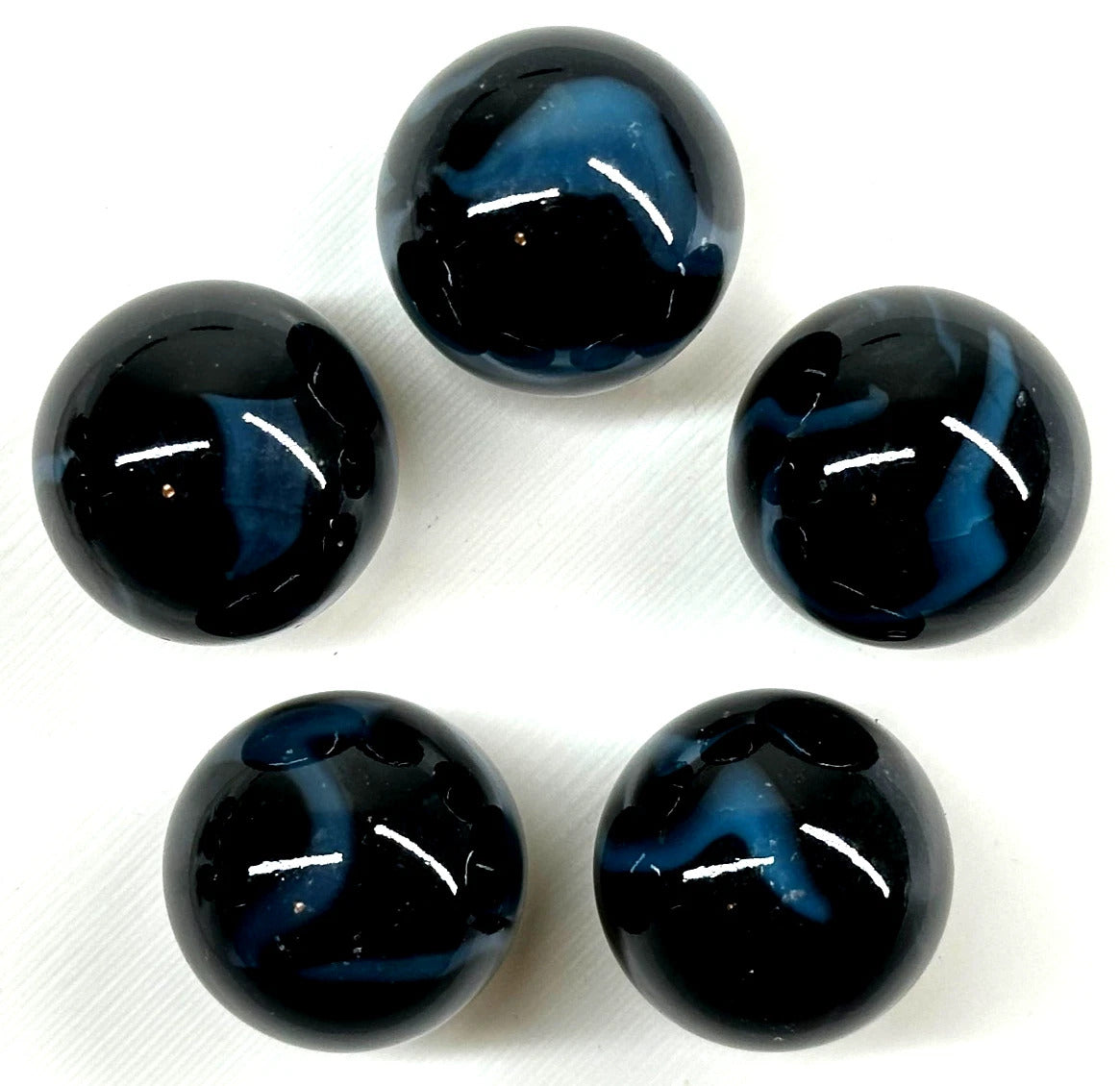 (Lot of 5) SAMURAI Black/Blue Swirl Glass Marbles 22mm (7/8 inch) SHOOTER Taw Lot