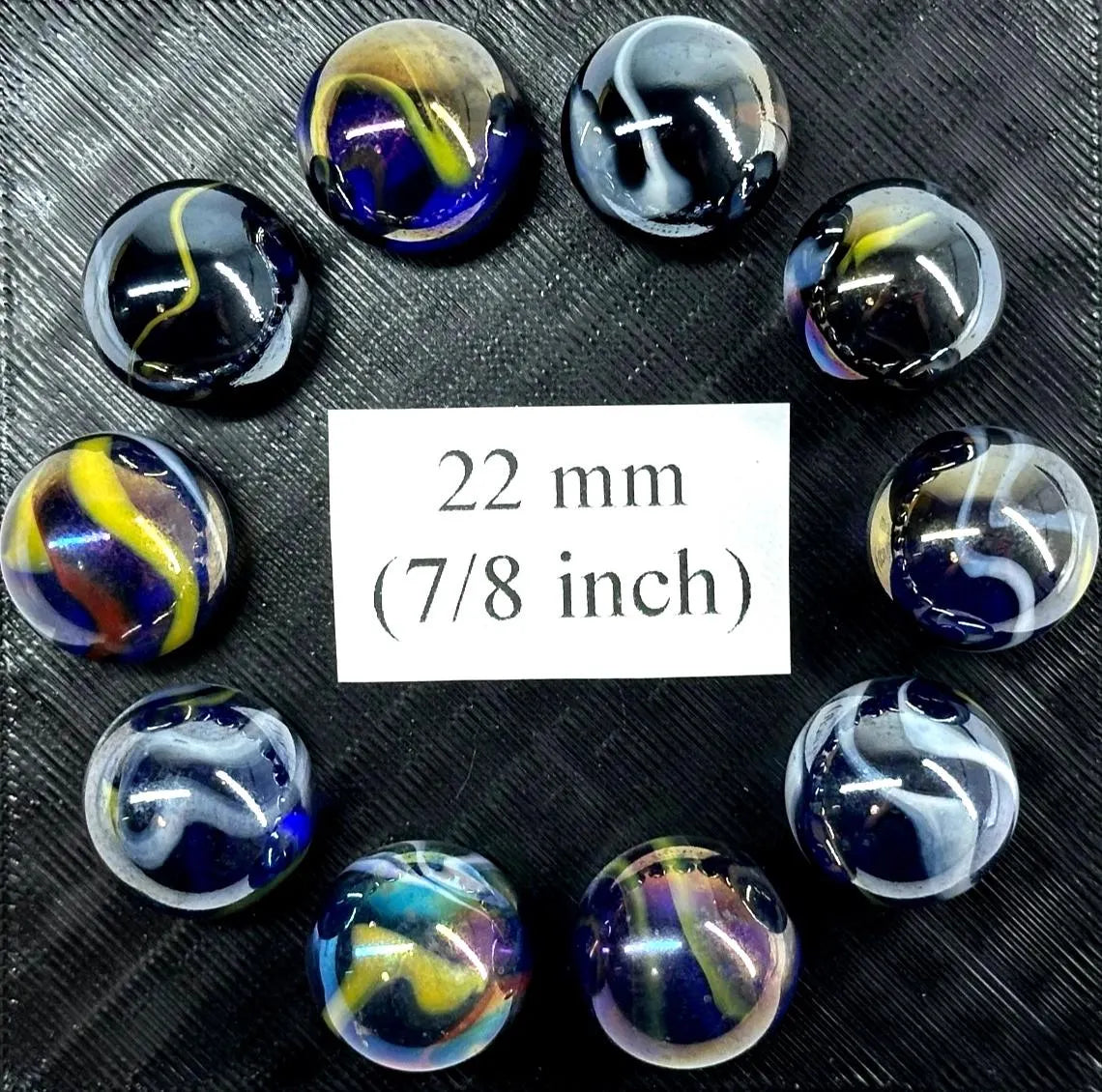 (Lot of 10) SNORKLE Blue/Yellow Iridescent Glass Marbles 22mm (7/8 inch) SHOOTER Taw Lot