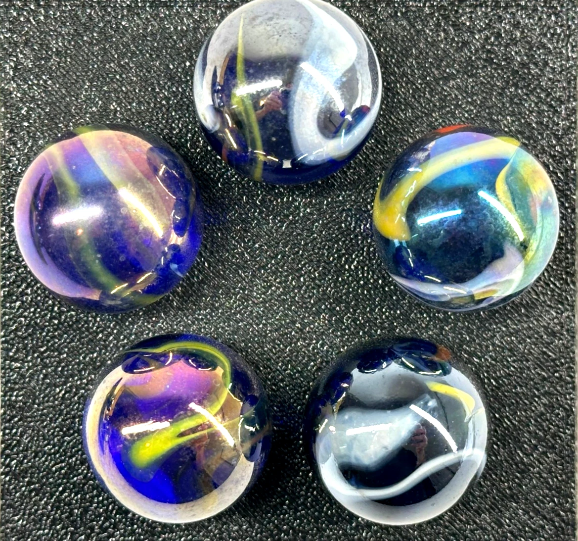 (Lot of 5) SNORKLE Blue/Yellow Iridescent Glass Marbles 22mm (7/8 inch) SHOOTER Taw Lot
