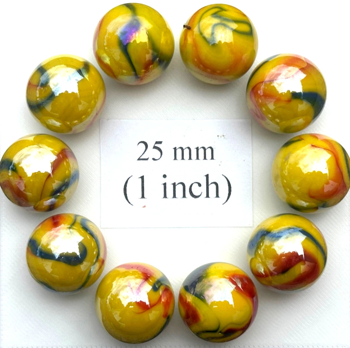 Lot of 10 TROPICANA Yellow/Red Glass Marbles 25mm (1 inch) shooter
