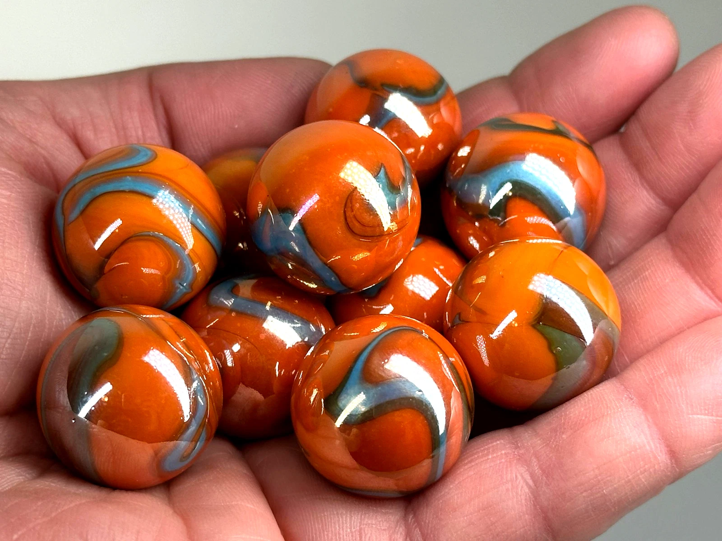 (Lot of 5) VALKYRIE Orange/Blue Iridescent Glass Marbles 22mm (7/8 inch) SHOOTER Taw Lot (Copy)