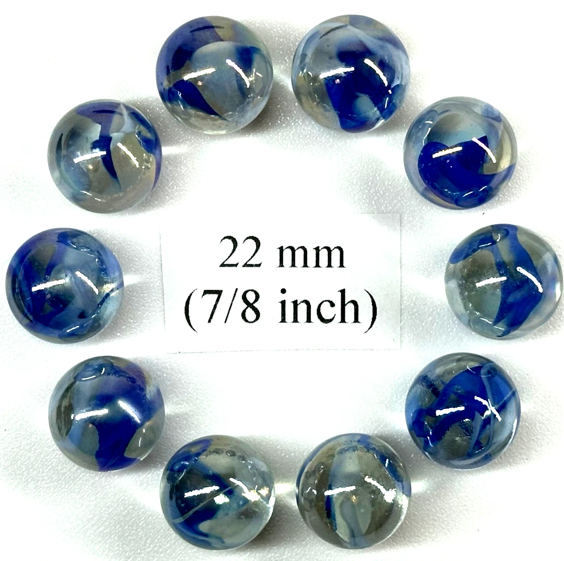(Lot of 10) VAPOUR Clear Blue Swirl Glass Marbles 22mm (7/8 inch) SHOOTER Taw Lot