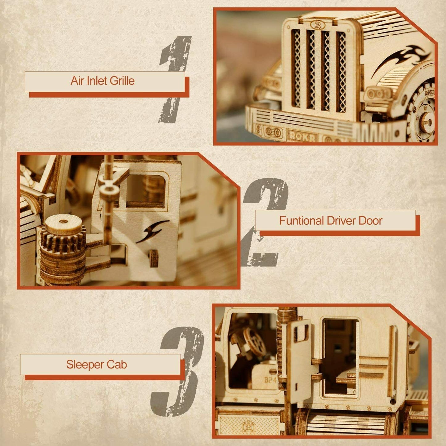 HEAVY TRUCK Semi-Trailer Tractor Big Rig Wood Scale Model Kit ROKR 3D Puzzle Toy