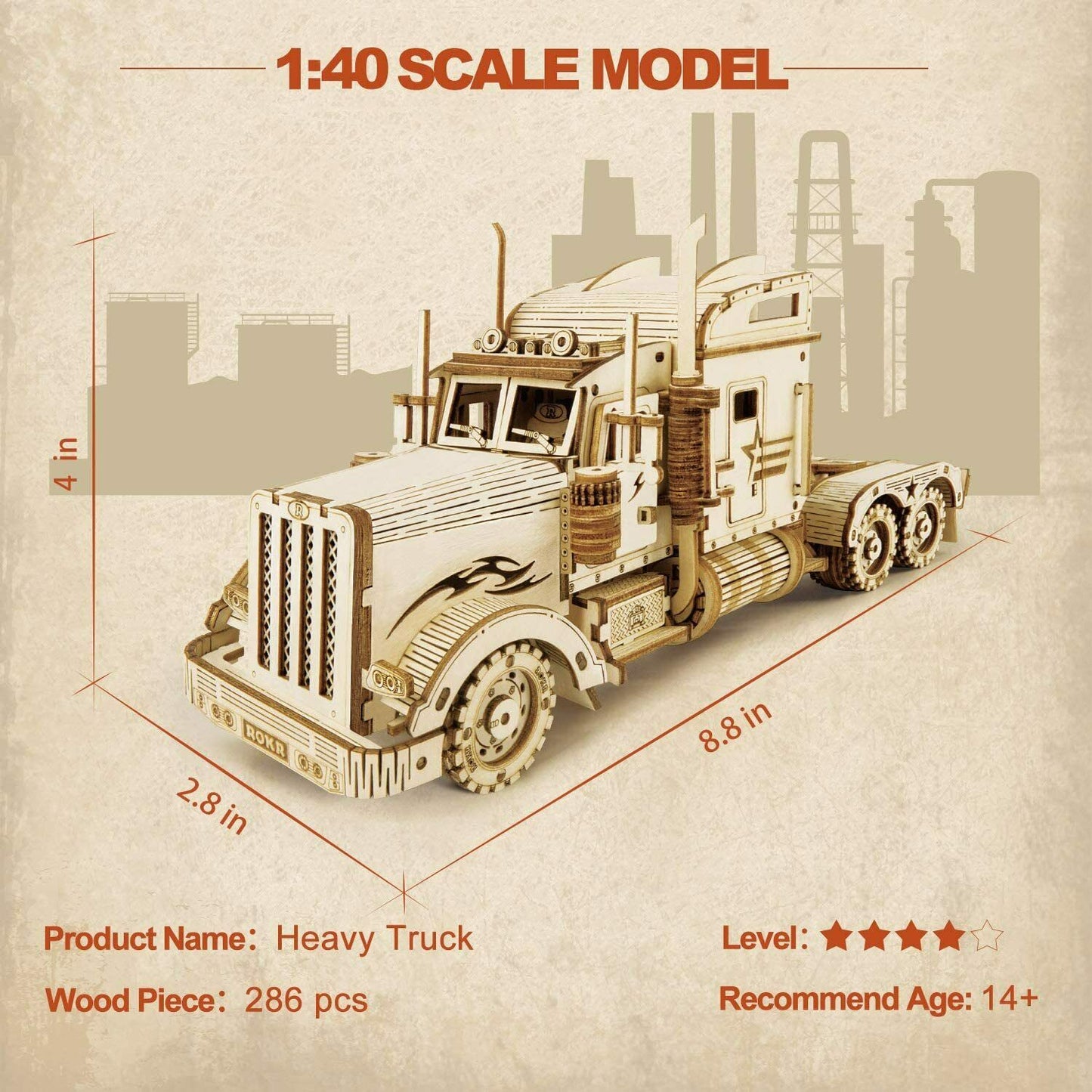 HEAVY TRUCK Semi-Trailer Tractor Big Rig Wood Scale Model Kit ROKR 3D Puzzle Toy