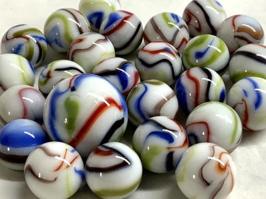 25 Glass Marbles TREE FROG White Red Blue Green Brown Game Pack Shooter Swirl
