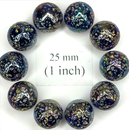 GLITTERBOMB Black/Purple Confetti Glass Marbles 25mm (1 inch) SHOOTER Taw Lot of 10