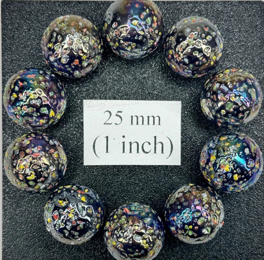 GLITTERBOMB Black/Purple Confetti Glass Marbles 25mm (1 inch) SHOOTER Taw Lot of 10