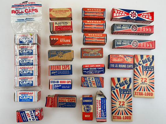 Large lot of Vintage Paper Roll Caps in Boxes for Cap Guns Halco, Star, ACME, Kilgore, Lion, & More