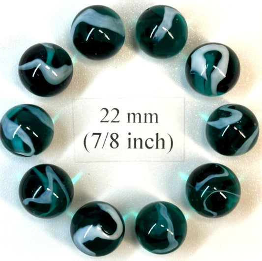 (Lot of 10) AEGEAN Blue/Green Clear Swirl Glass Marbles 22mm (7/8 inch) SHOOTER Taw