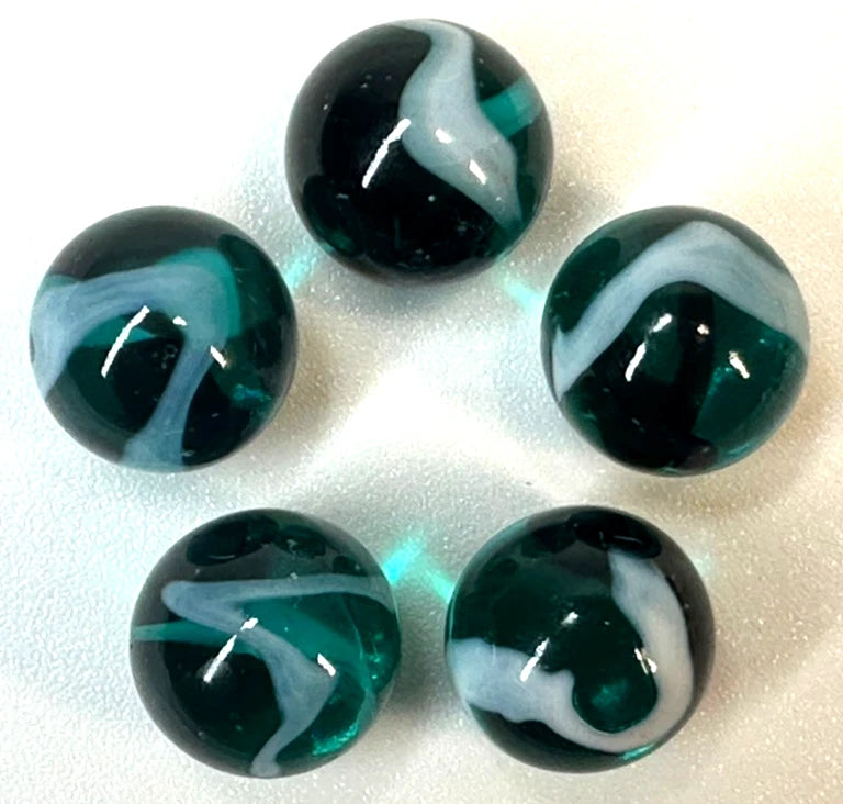 (Lot of 5) AEGEAN Blue/Green Clear Swirl Glass Marbles 22mm (7/8 inch) SHOOTER Taw