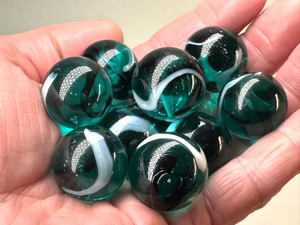 (Lot of 10) AEGEAN Blue/Green Clear Swirl Glass Marbles 22mm (7/8 inch) SHOOTER Taw