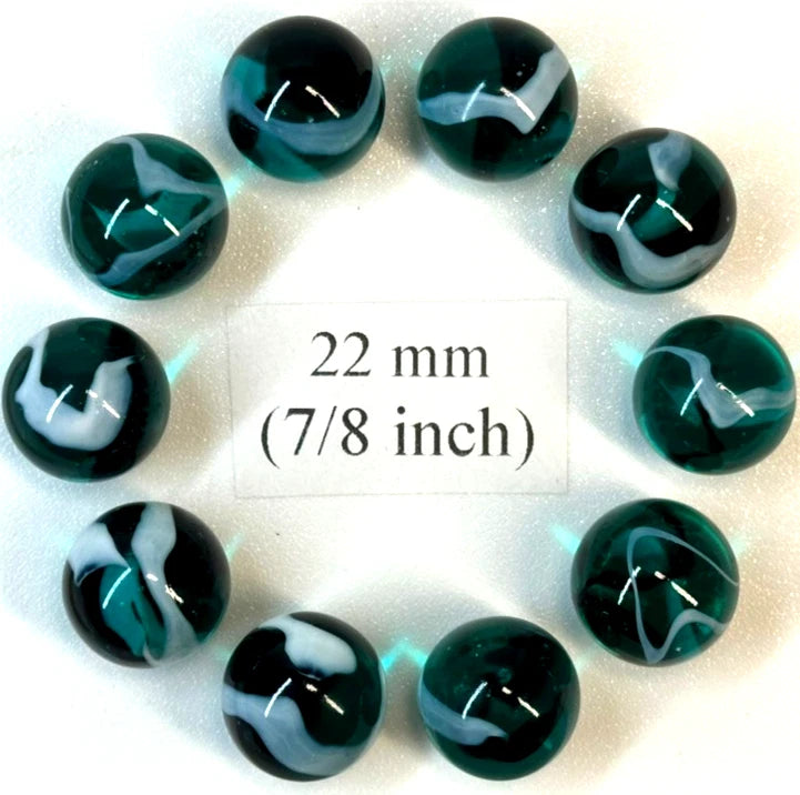 (Lot of 10) AEGEAN Blue/Green Clear Swirl Glass Marbles 22mm (7/8 inch) SHOOTER Taw