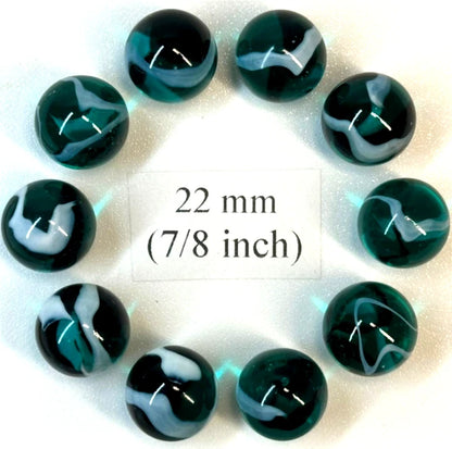 (Lot of 10) AEGEAN Blue/Green Clear Swirl Glass Marbles 22mm (7/8 inch) SHOOTER Taw
