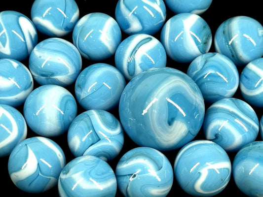 25 Glass Marbles AIR Blue/White Game Pack Shooter Swirl