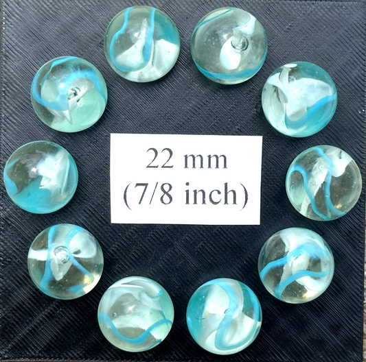 (Lot of 10)ARCTIC Clear Blue Swirl Glass Marbles 22mm (7/8 inch) SHOOTER Taw Lot