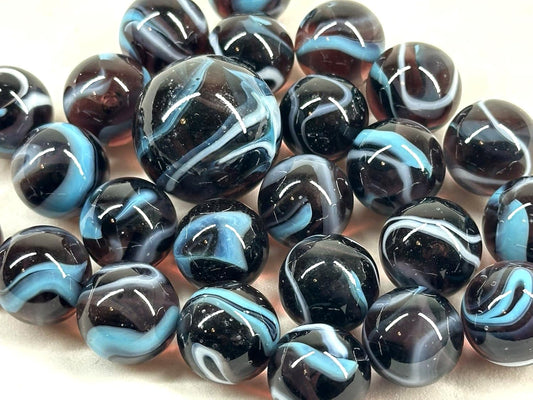 25 Glass Marbles ASTRONAUT Purple/Blue game vtg style Shooter Taws Mib Swirl
